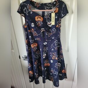Vintage Navy Halloween Print Fit-and-Flare Dress with Orange Accents